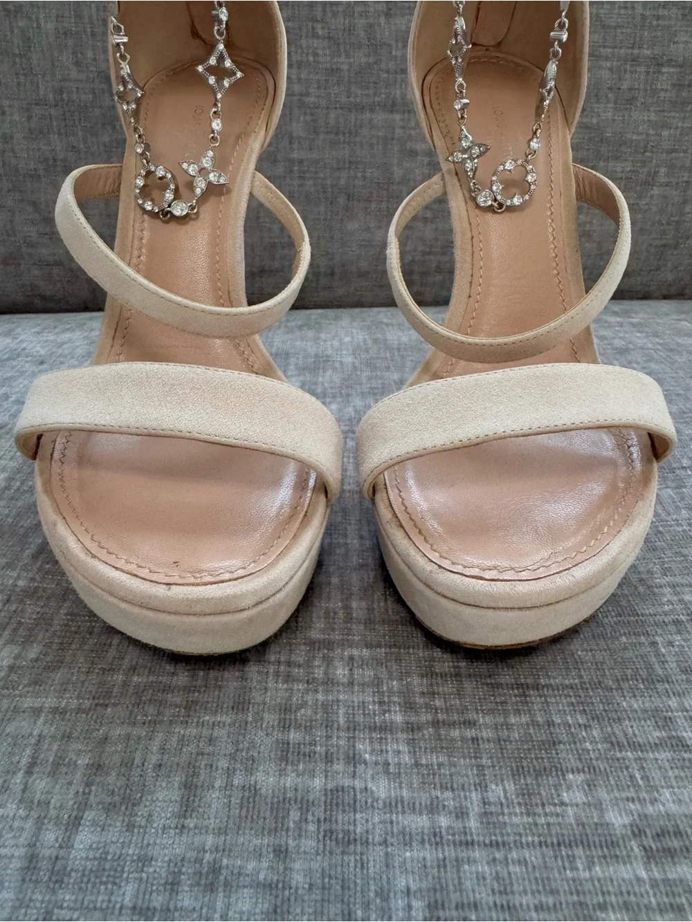 Louis Vuitton Appeal Crystal Monogram Suede Platform Heels Nude 36